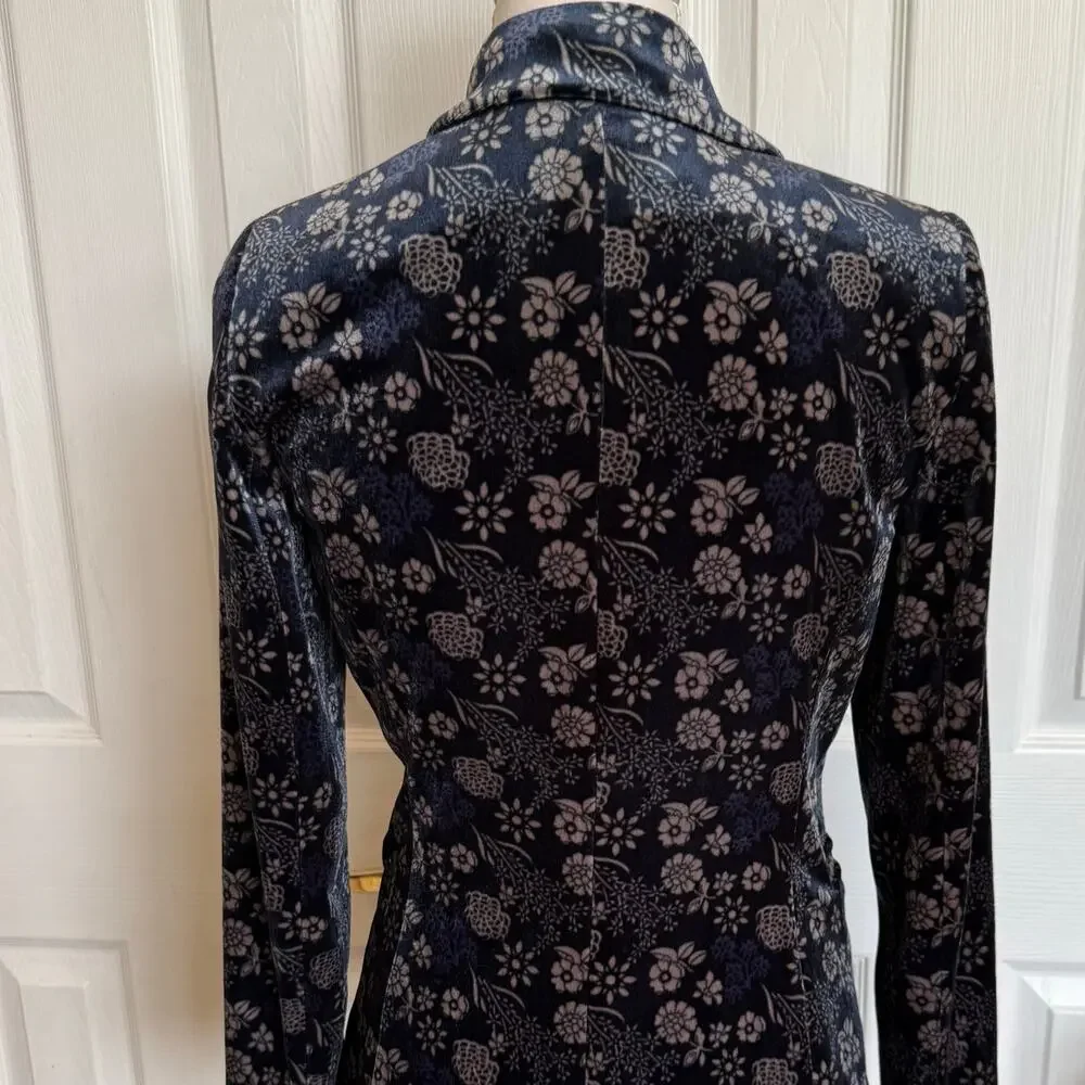 Carolina Belle Montreal Velvet Blazer XS Navy Blue Beige Floral Double Breasted
